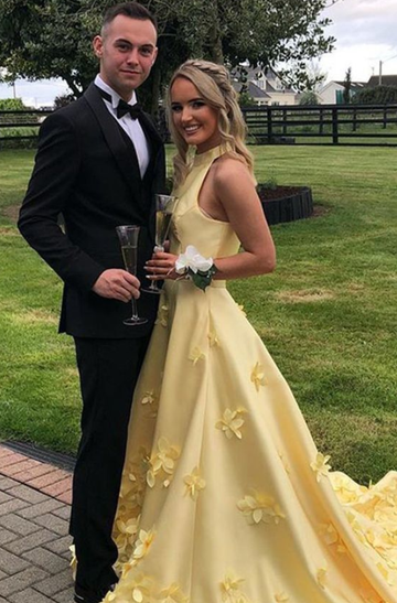 Yellow Prom Dresses, Party Dress with Flowers Prom Dresses HZ1023